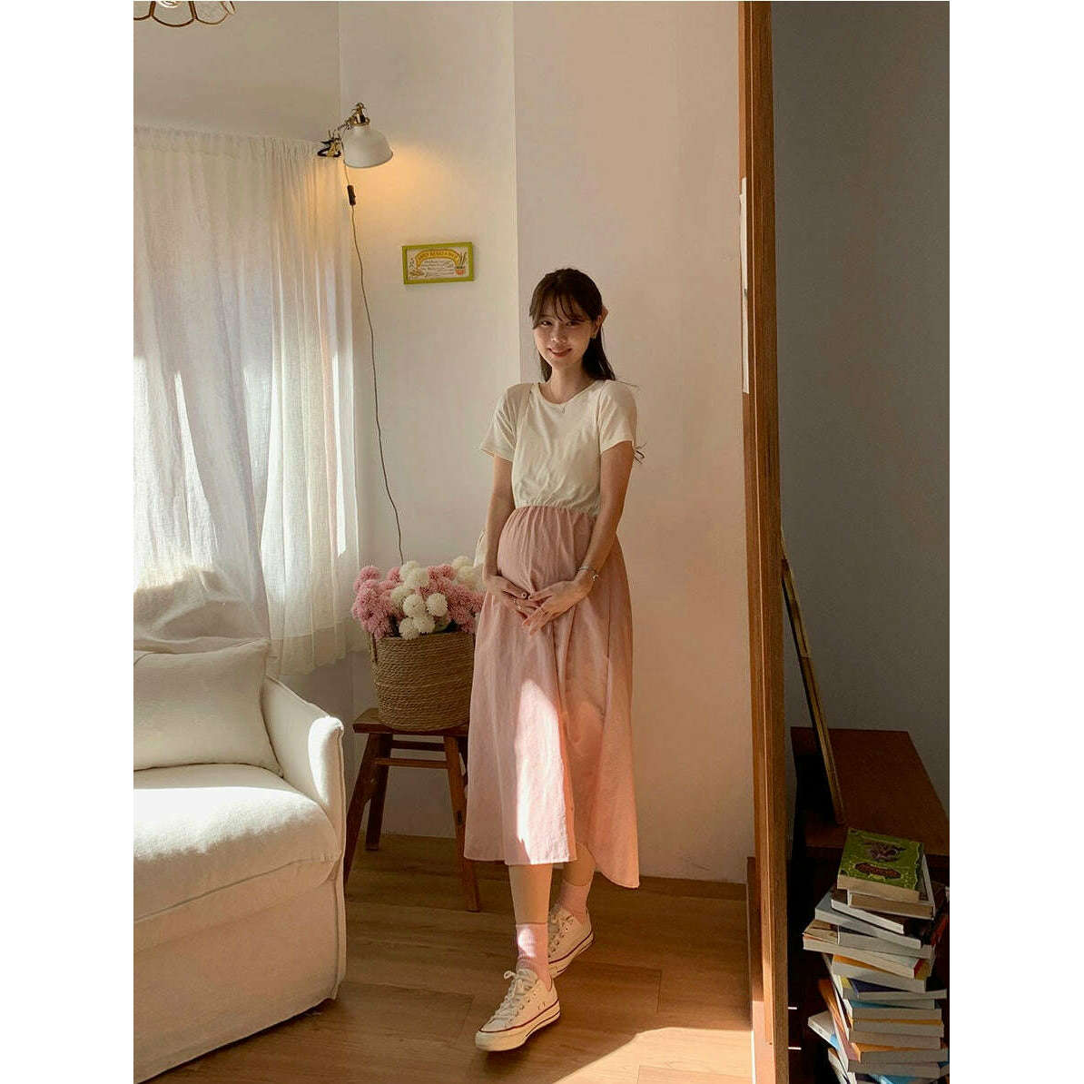MUMMY.cc:純色圓領拼色A-line連身裙