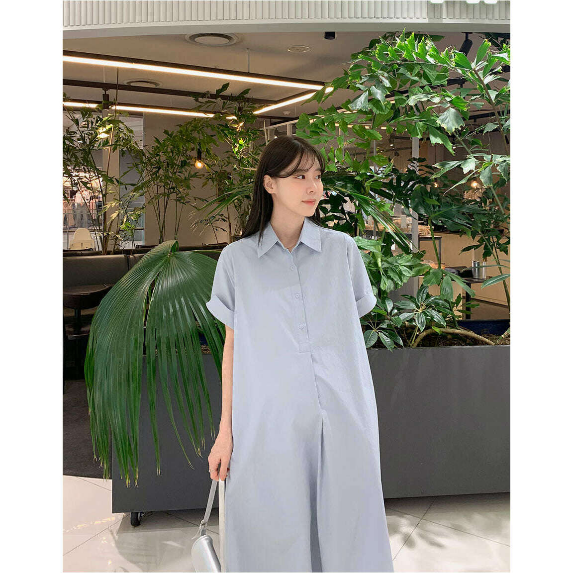 MUMMY.cc:孕婦翻領褶袖帶口袋連身裙