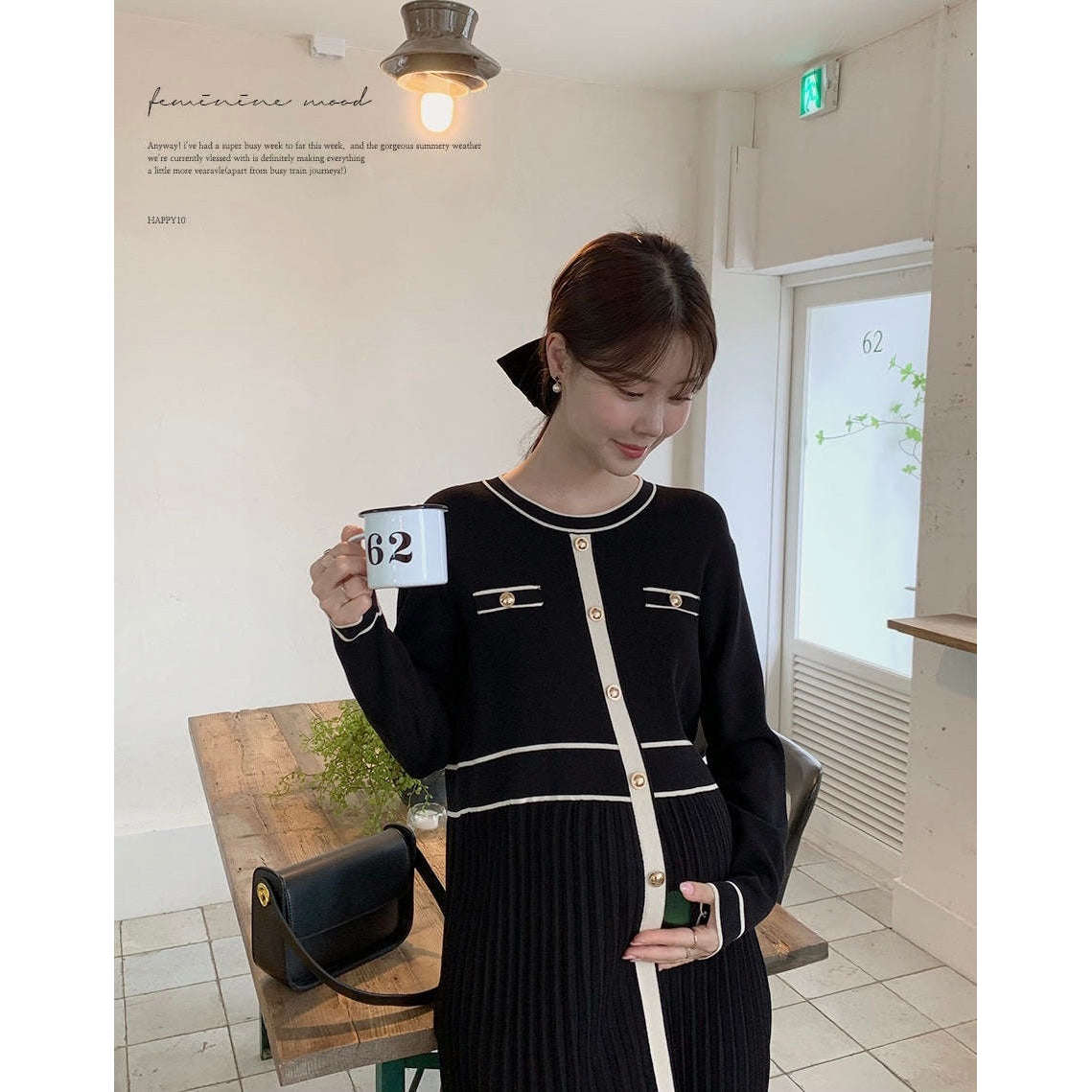 MUMMY.cc:圓領拼色金鈕扣褶褶針織裙