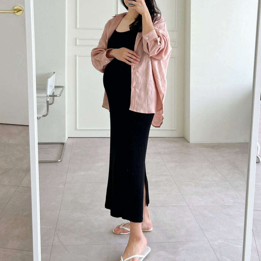 MUMMY.cc:春夏修身羅紋吊帶後開衩連身裙