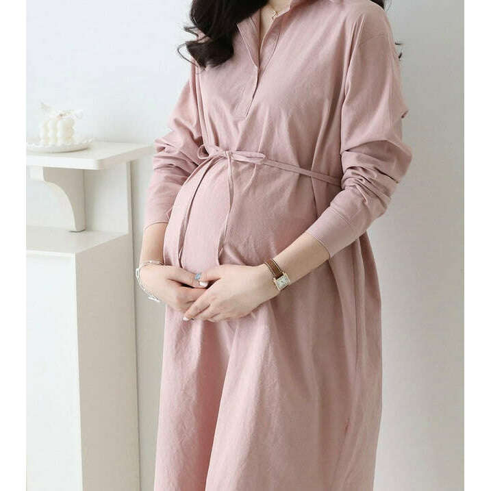 MUMMY.cc:孕婦純棉恤衫翻領綁帶連身裙