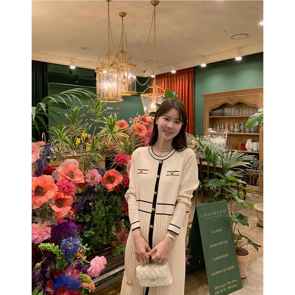 MUMMY.cc:圓領拼色金鈕扣褶褶針織裙