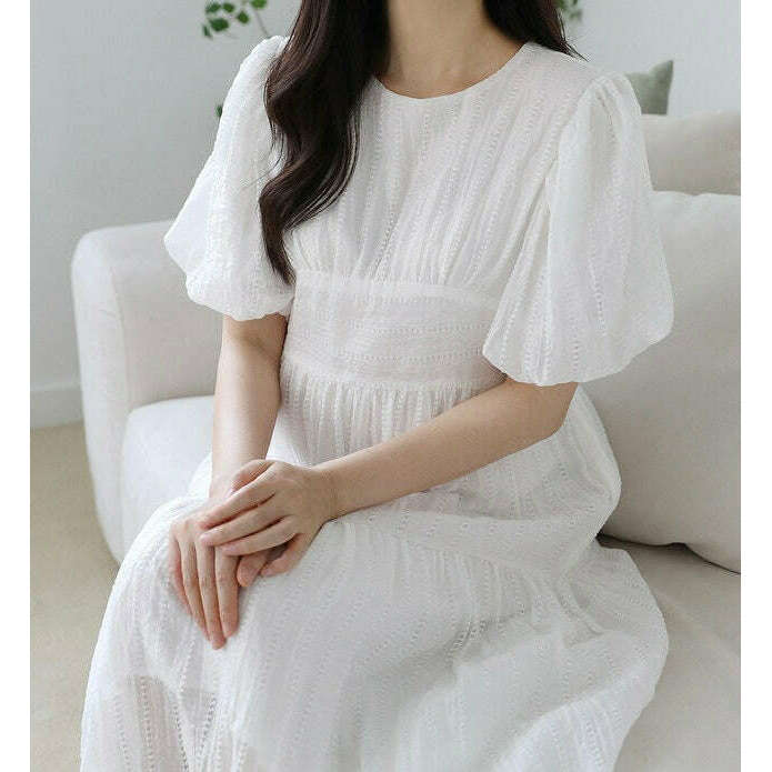 MUMMY.cc:雪紡鏤空泡袖綁帶連身裙