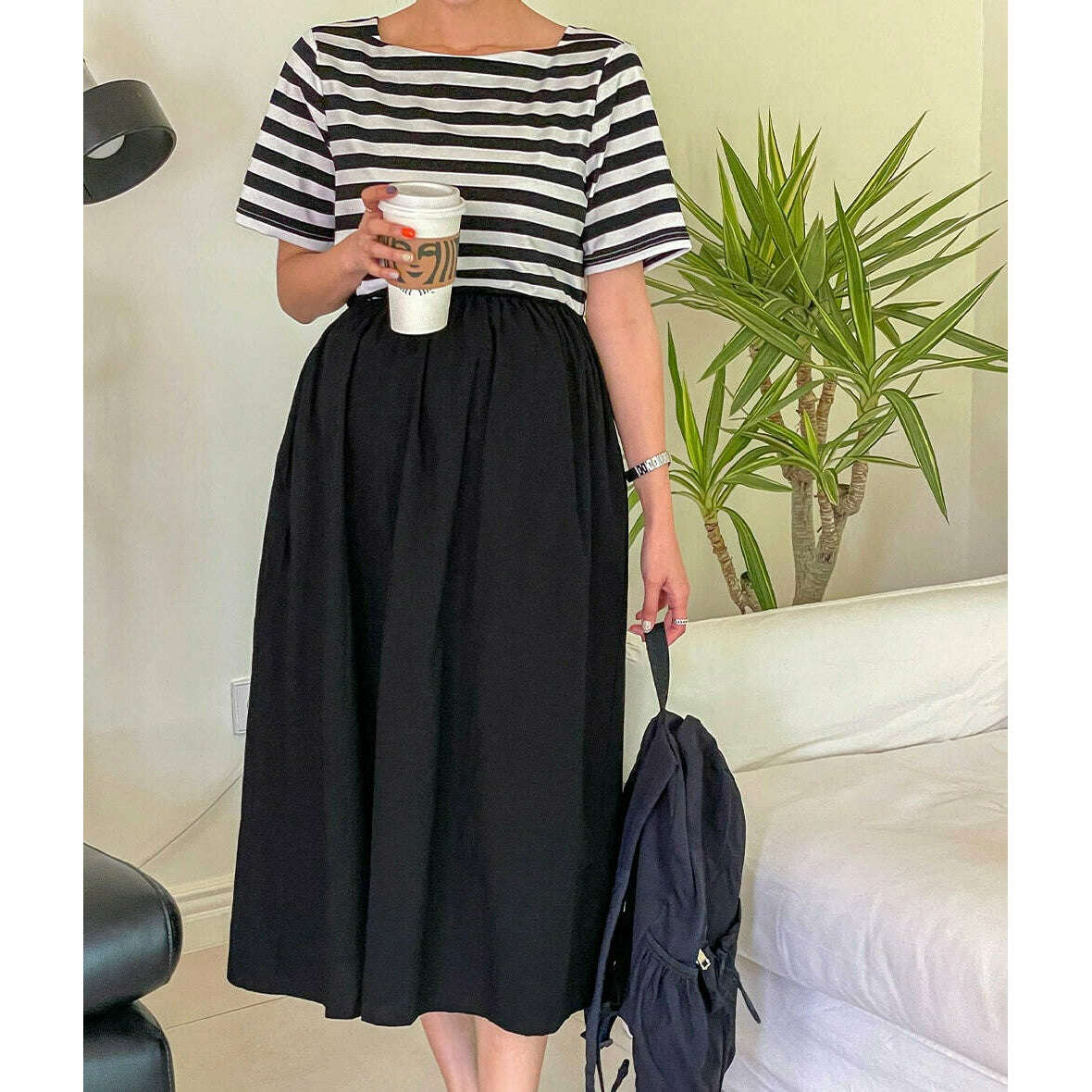 MUMMY.cc:方領間條尼龍拼接連身裙