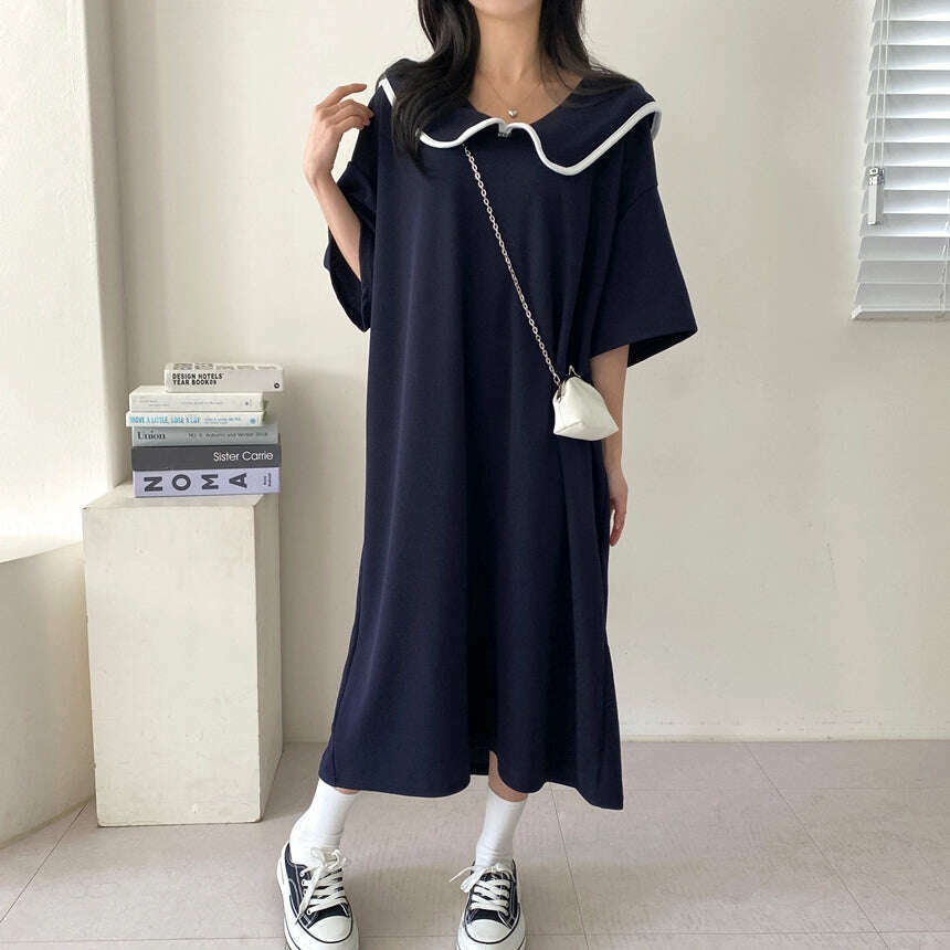 MUMMY.cc:夏季拼色邊娃娃領寬鬆連身裙