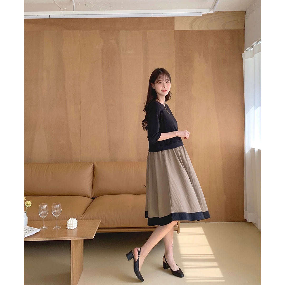 MUMMY.cc:圓領T恤拼接7分袖假兩件連身裙(新款預訂)