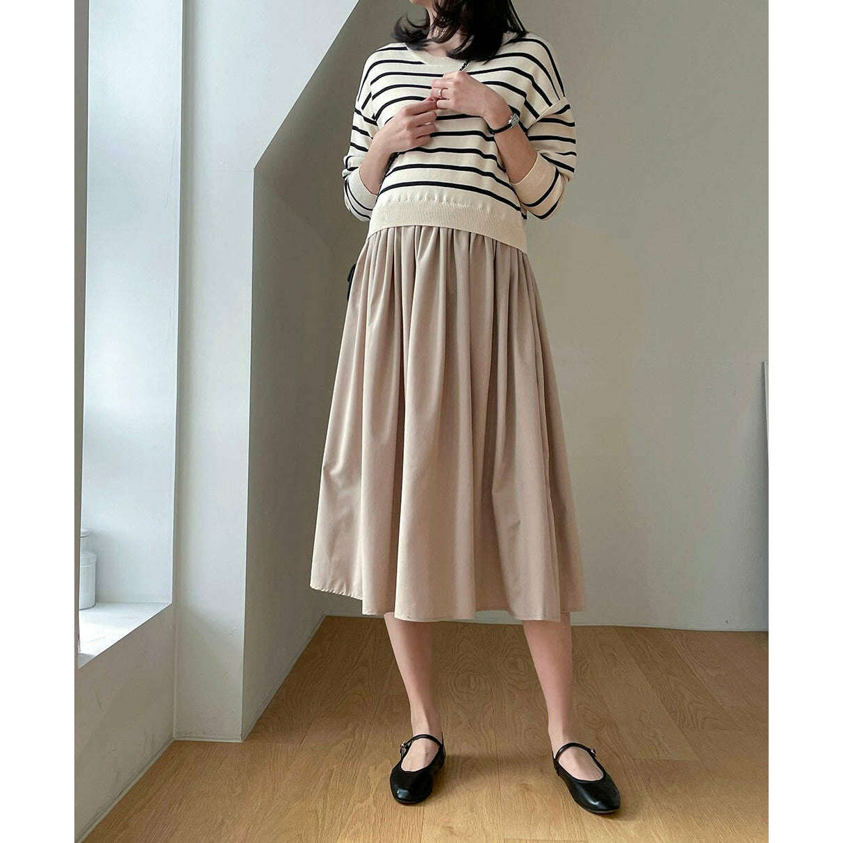 MUMMY.cc:條紋拼接假兩件連身裙