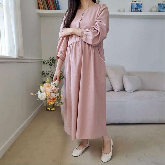 MUMMY.cc:純棉豆豆鈕蕾絲邊哺乳孕婦裙