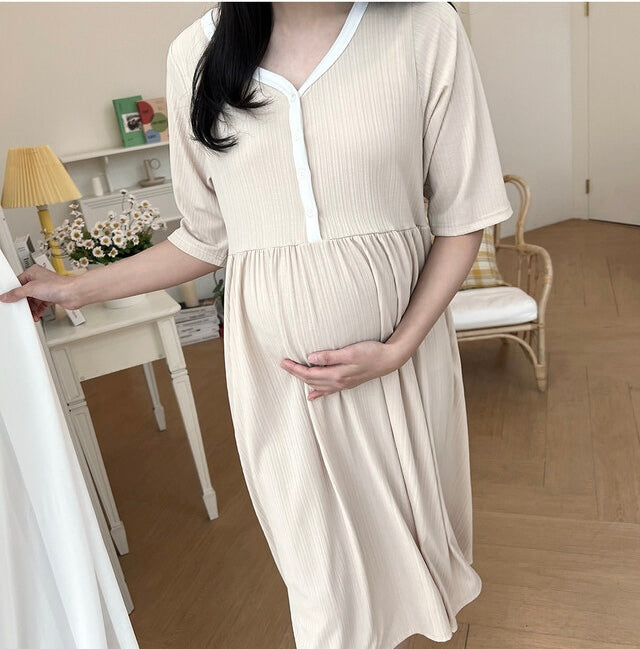 拼色坑紋家居哺乳連身裙