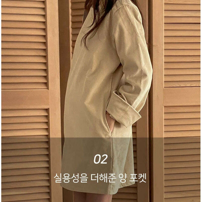 MUMMY.cc:圓領口袋細條紋燈芯絨連身裙