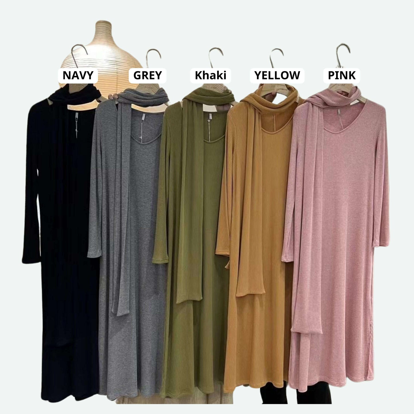 MUMMY.cc:V領羅紋長袖連身裙連頸巾套裝