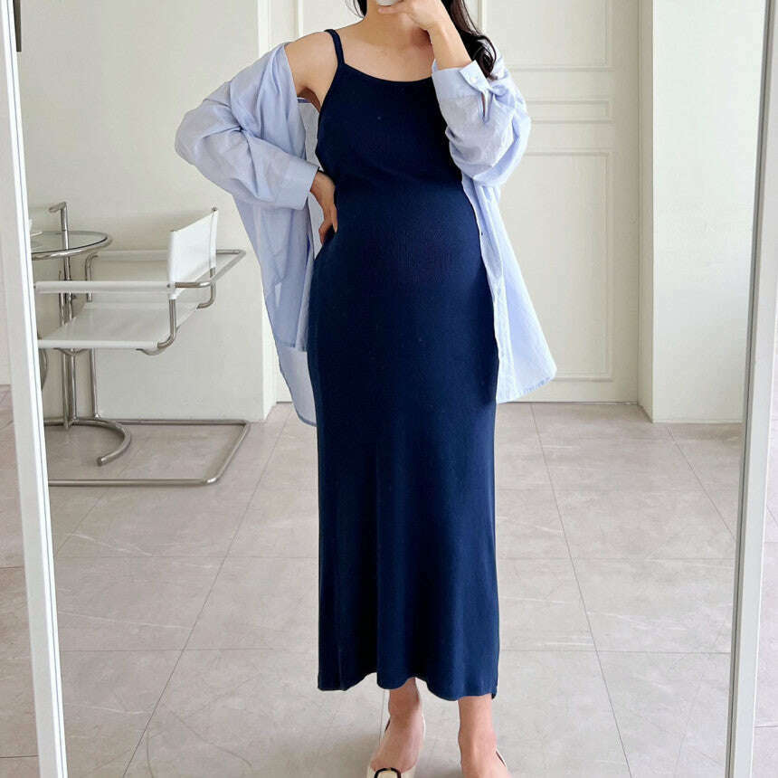 MUMMY.cc:春夏修身羅紋吊帶後開衩連身裙