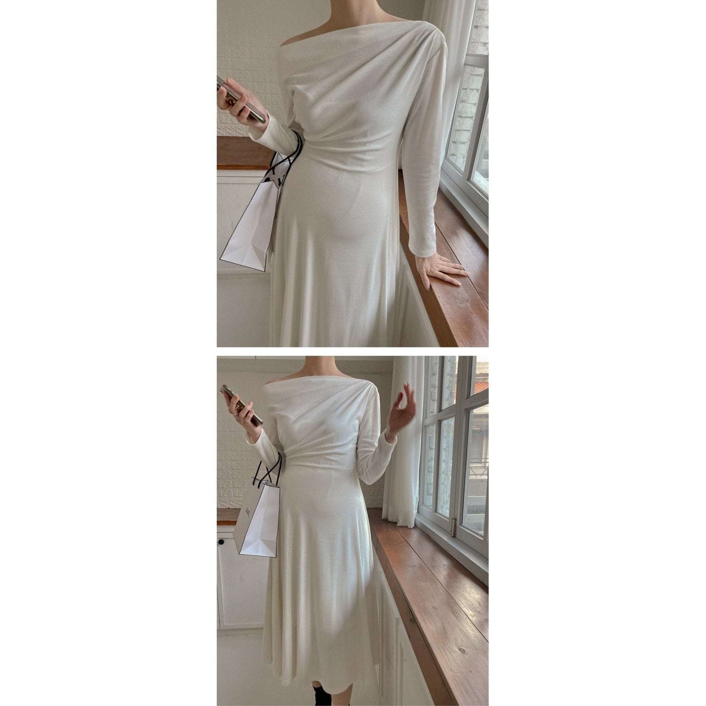 MUMMY.cc:優雅單露肩A-line柔軟連身裙:Ivory