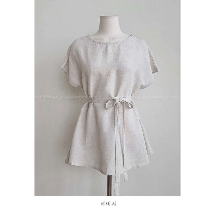 絲麻圓領A line綁帶上衣