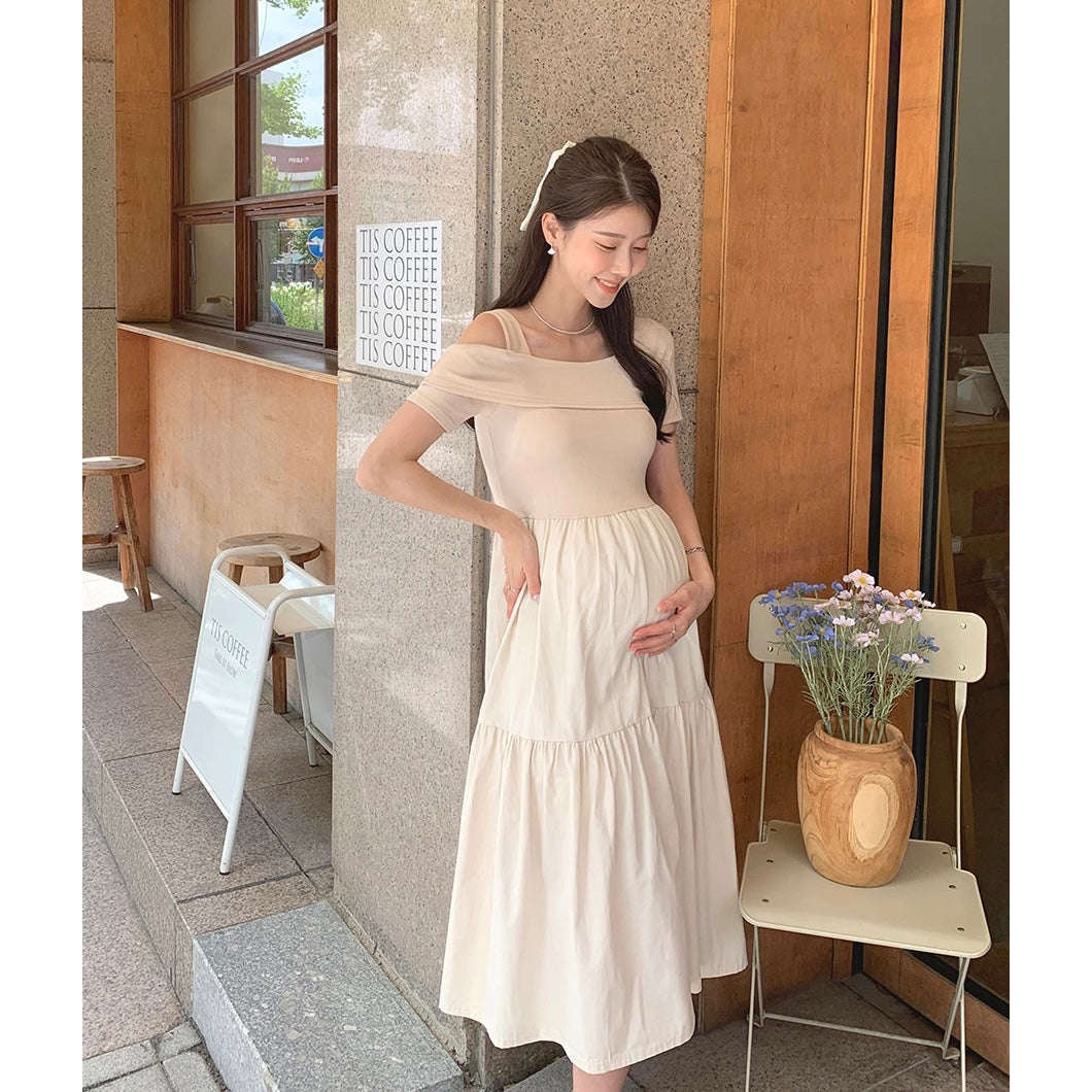 MUMMY.cc:單露肩短袖層層連身裙