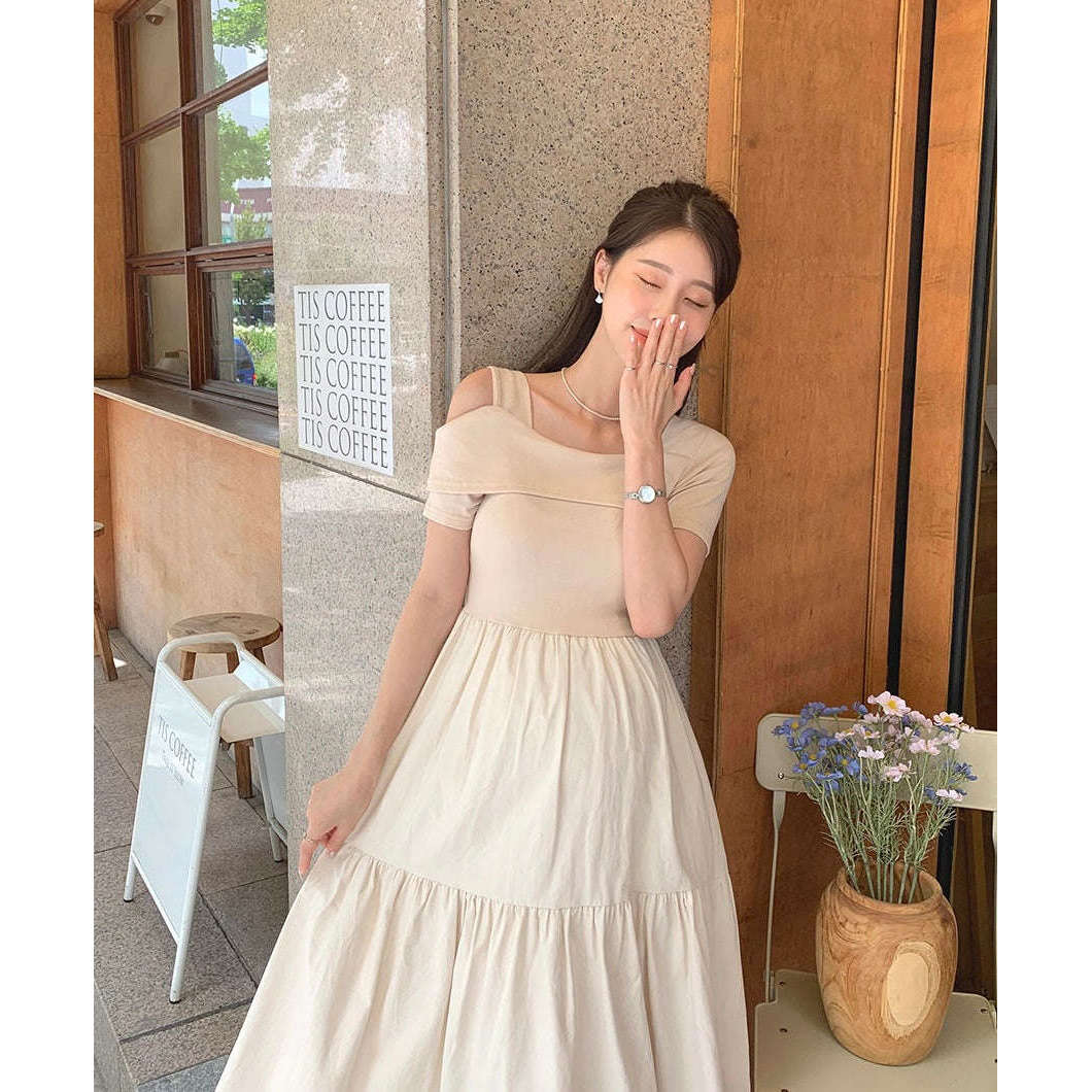MUMMY.cc:單露肩短袖層層連身裙