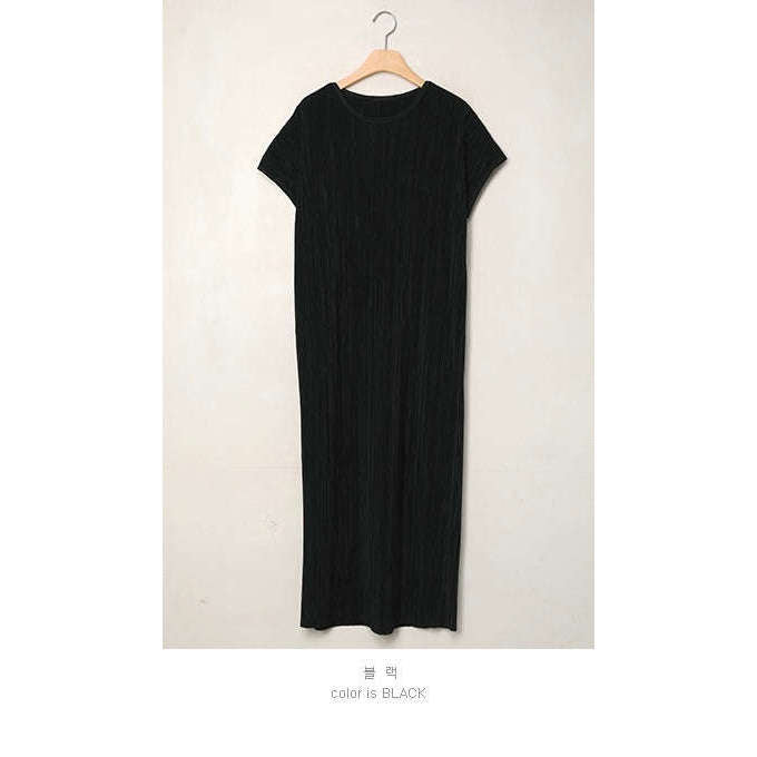 MUMMY.cc:夏季圓領彈性顯瘦褶皺連身裙:Black