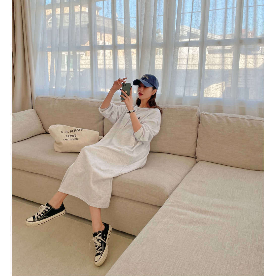MUMMY.cc:POLO 鈕扣哺乳寬鬆連身裙:White Melange