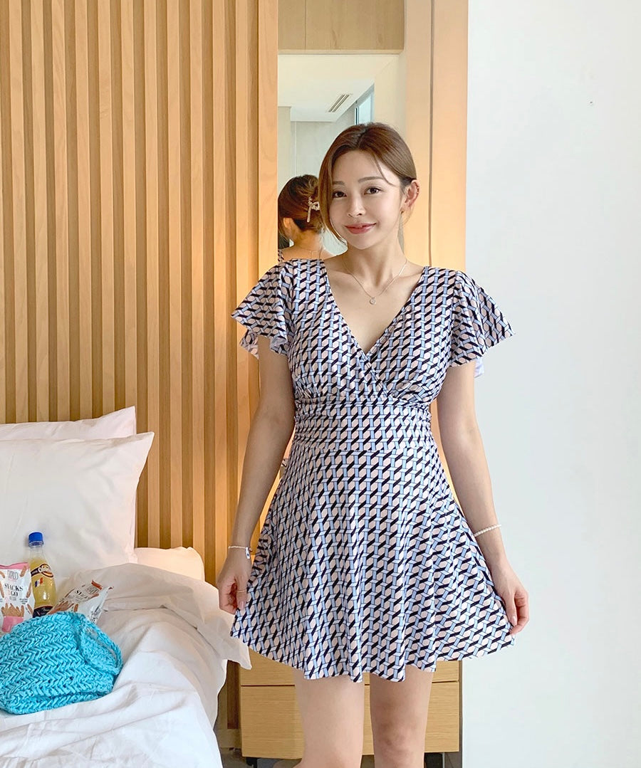 孕婦交叉V領圖案涼爽彈性連體泳衣