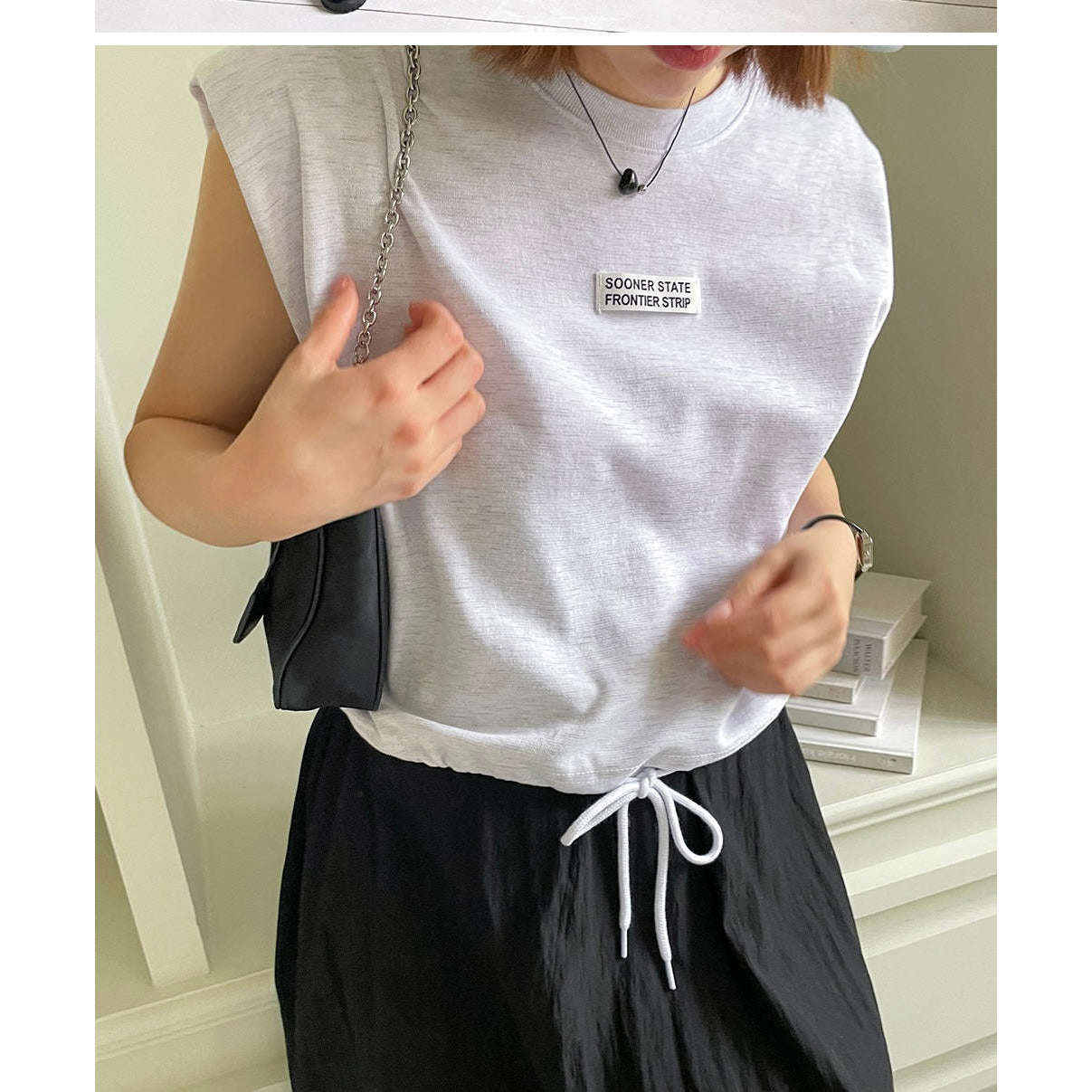 無袖抽繩墊肩休閒Tee