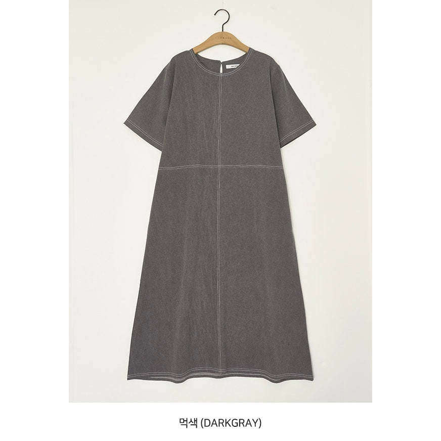 MUMMY.cc:圓領簡約牛仔短袖連身裙:Dark Gray(現貨)
