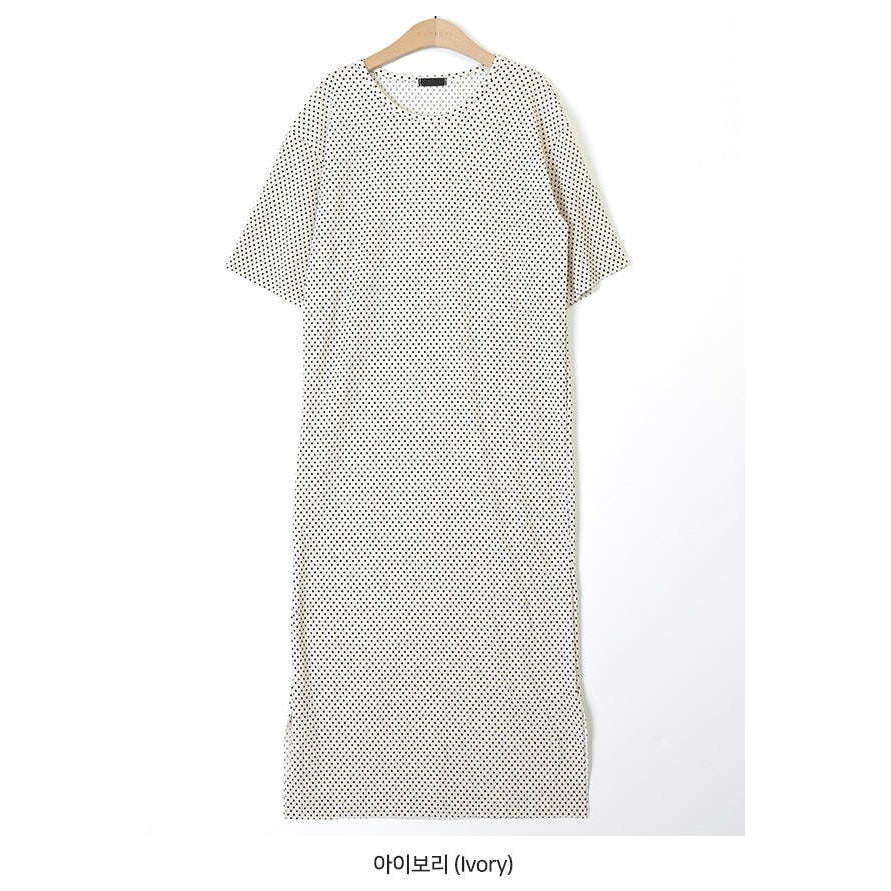 MUMMY.cc:圓領波點側開衩短袖連身裙:White