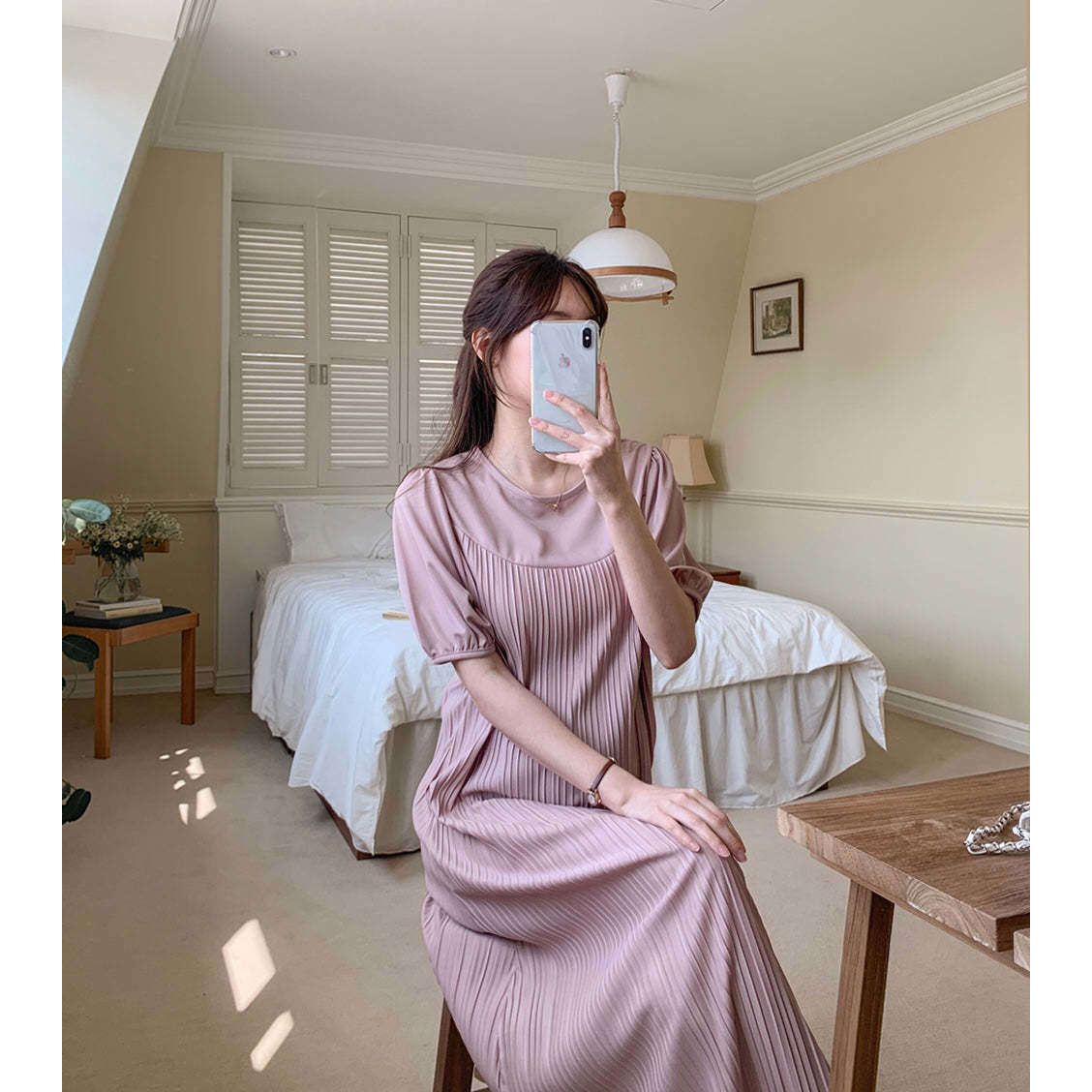 MUMMY.cc:優雅舒適圓領褶皺連身裙