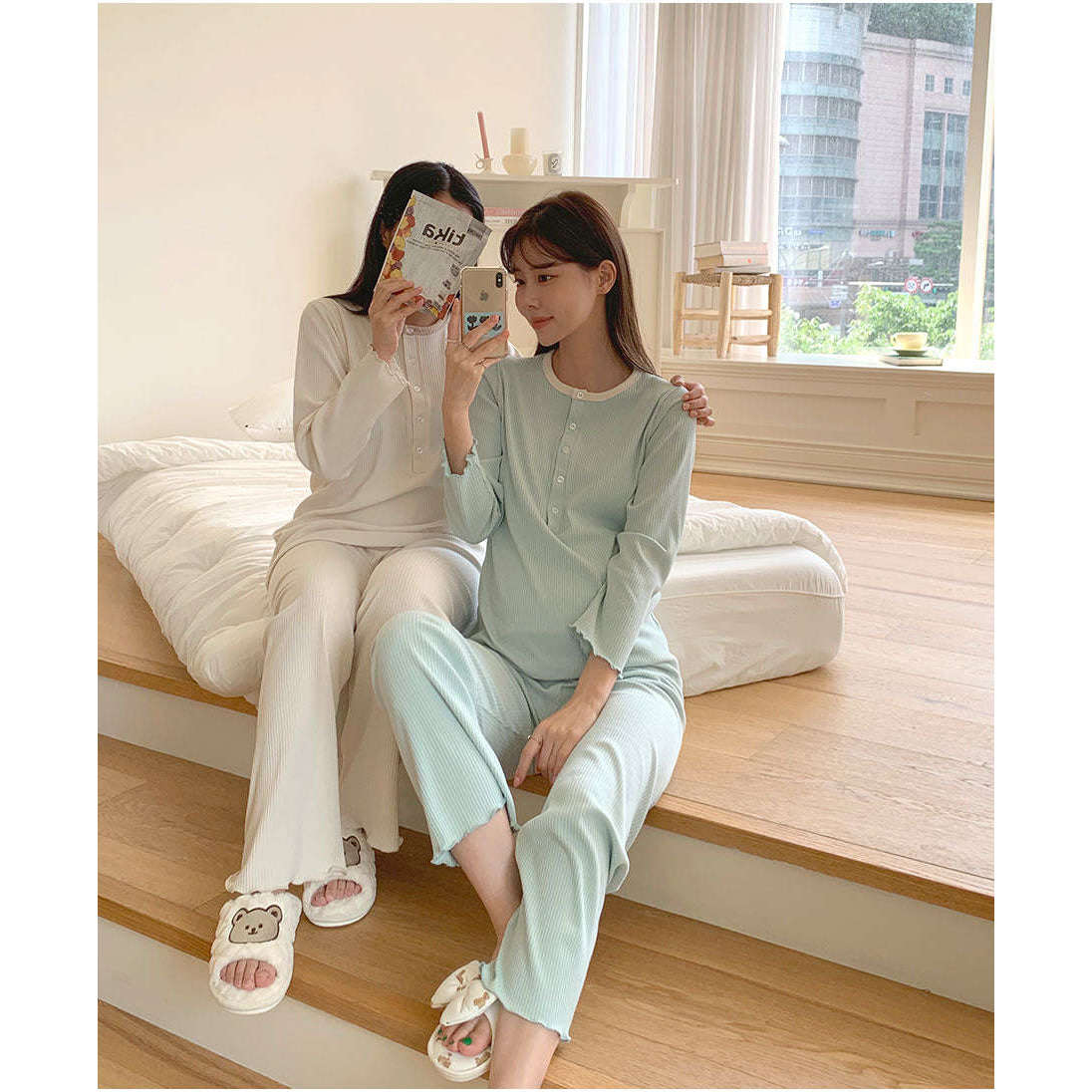 MUMMY.cc:孕婦羅紋花邊哺乳舒適睡衣