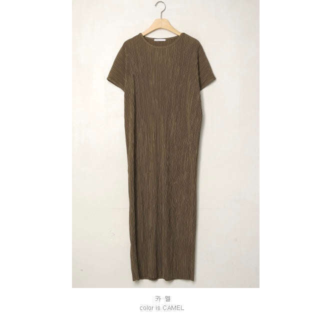 MUMMY.cc:夏季圓領彈性顯瘦褶皺連身裙:Khaki