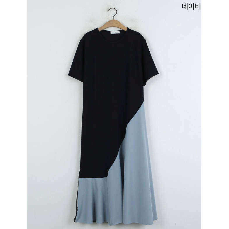 MUMMY.cc:優雅無皺撞色拼接連身裙:Navy(現貨)