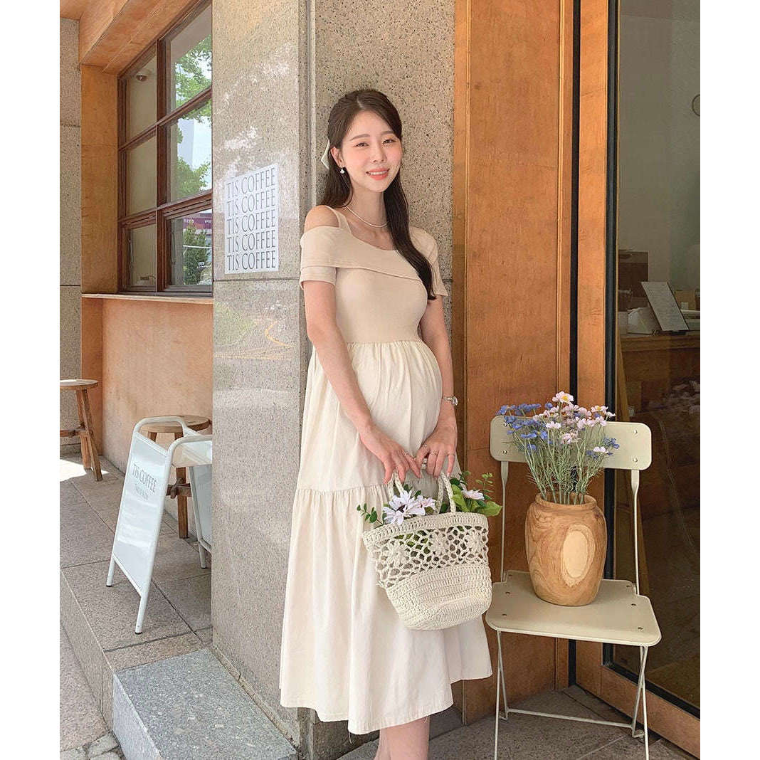 MUMMY.cc:單露肩短袖層層連身裙