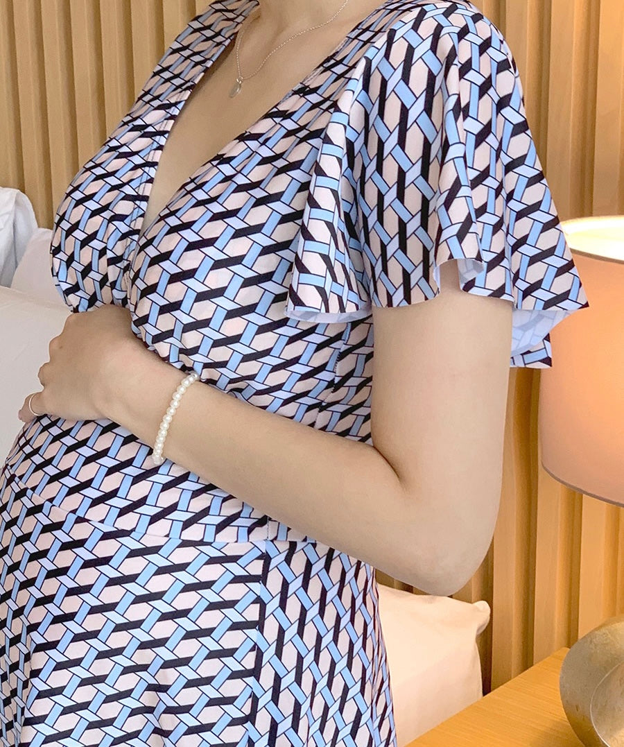 孕婦交叉V領圖案涼爽彈性連體泳衣