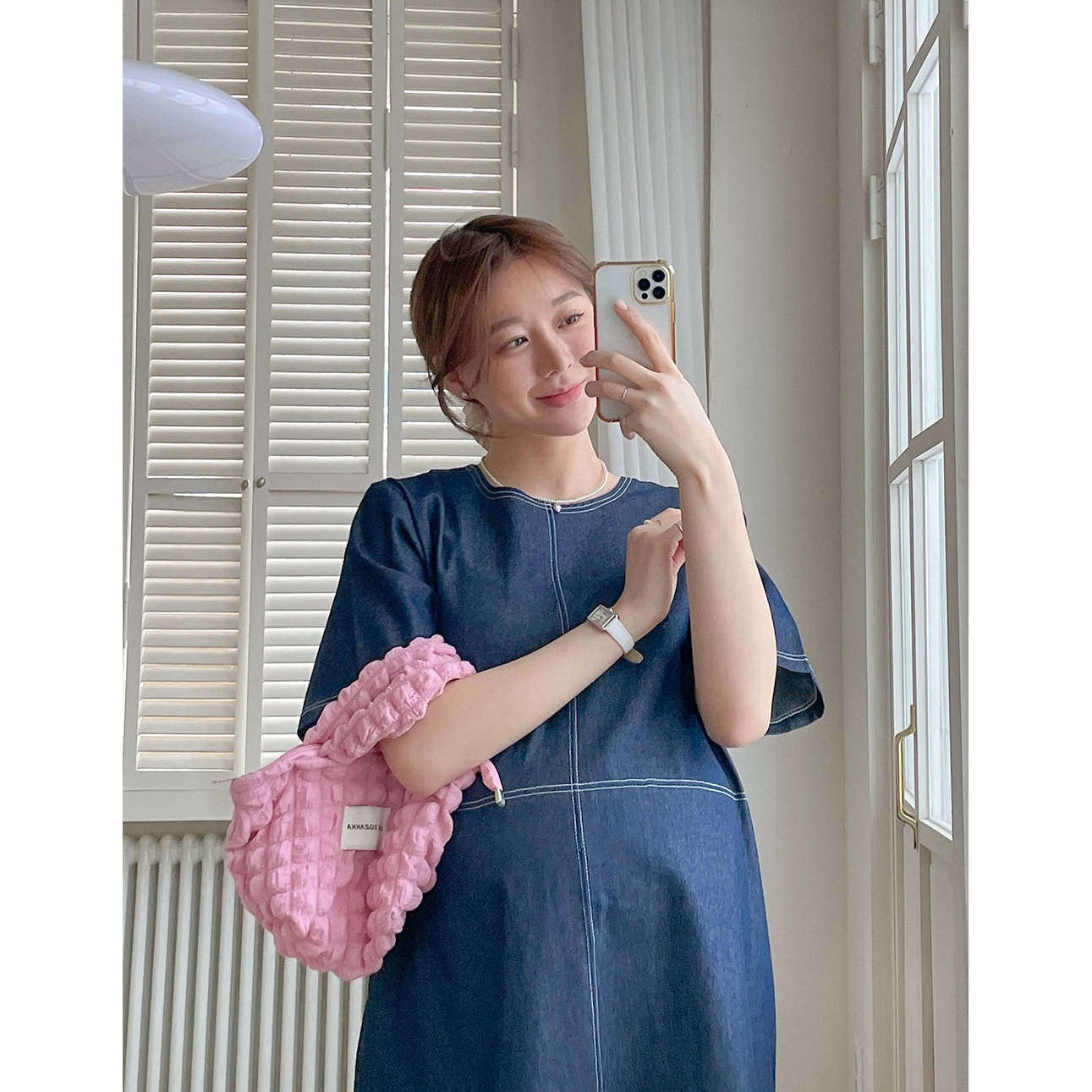 MUMMY.cc:圓領簡約牛仔短袖連身裙