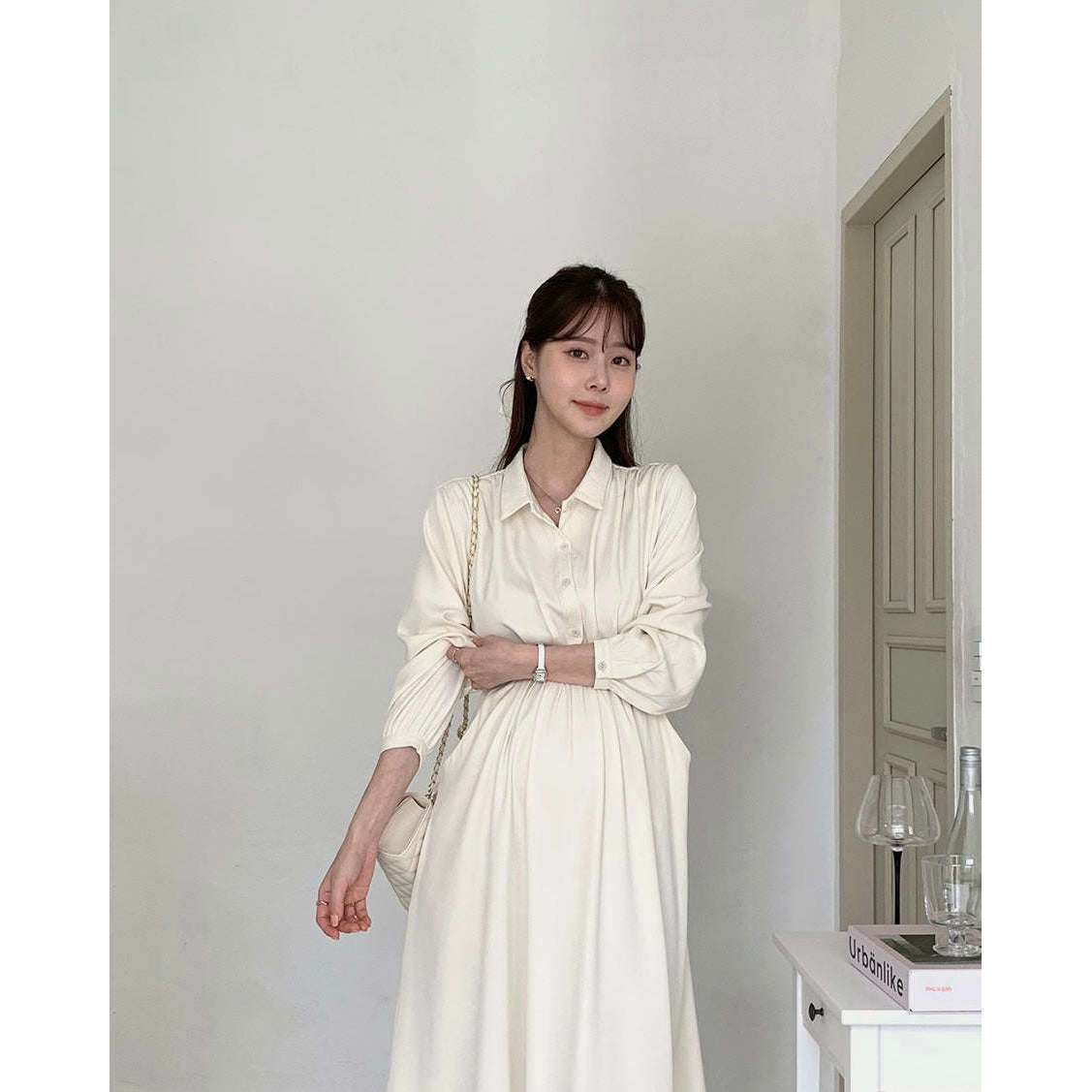 MUMMY.cc:孕婦企領恤衫修腰長袖連身裙(可哺乳)
