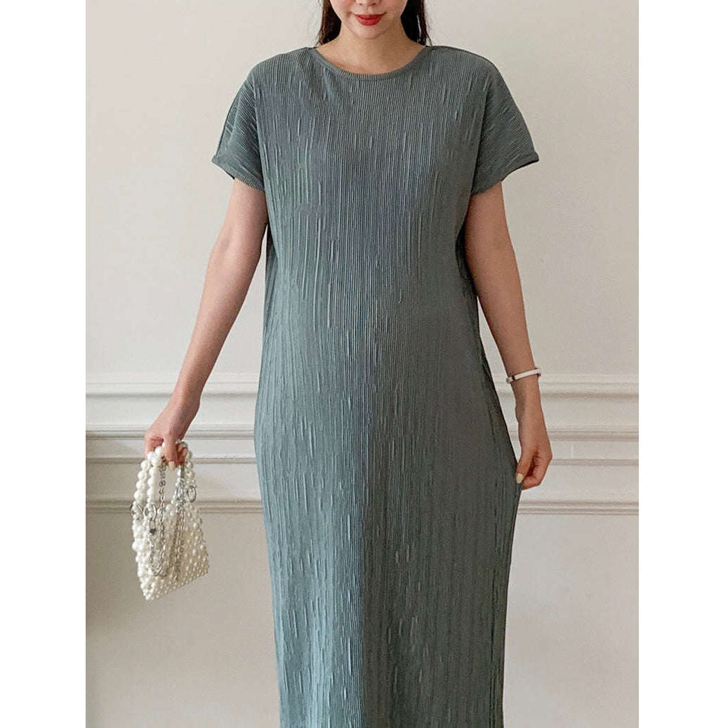 MUMMY.cc:夏季圓領彈性顯瘦褶皺連身裙