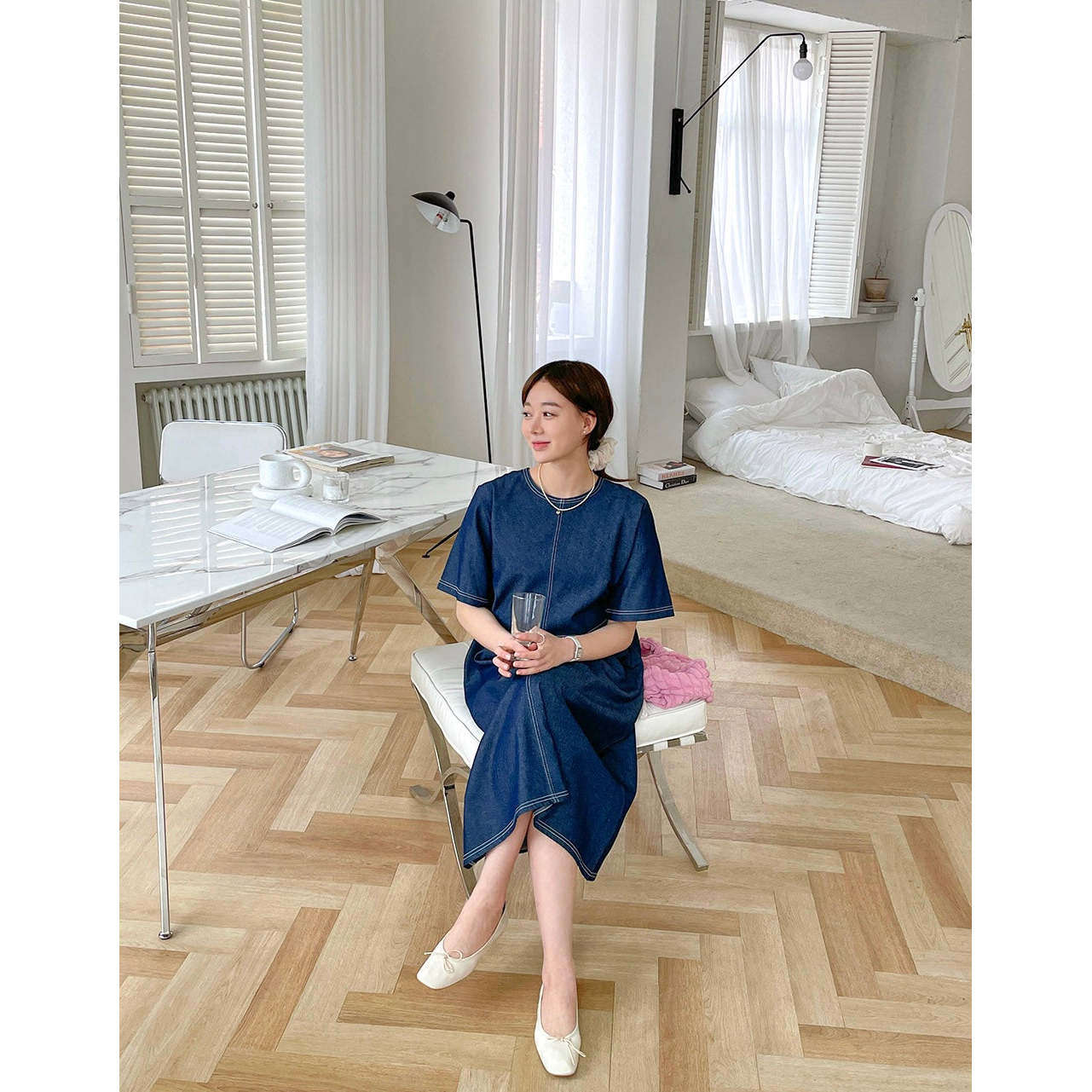 MUMMY.cc:圓領簡約牛仔短袖連身裙
