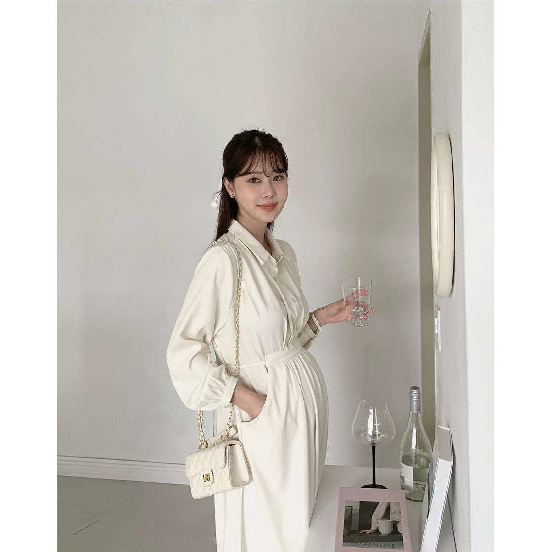 MUMMY.cc:孕婦企領恤衫修腰長袖連身裙(可哺乳)