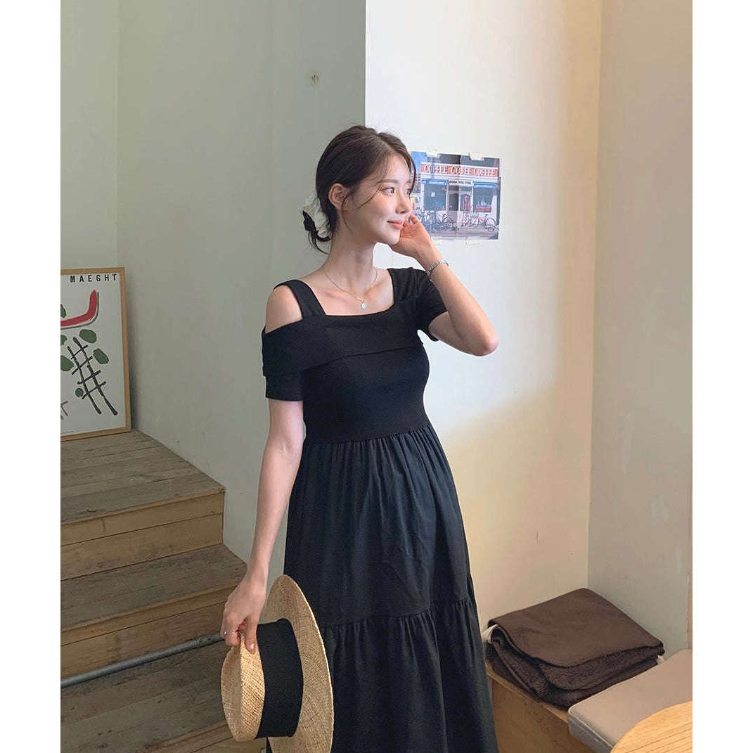 MUMMY.cc:單露肩短袖層層連身裙