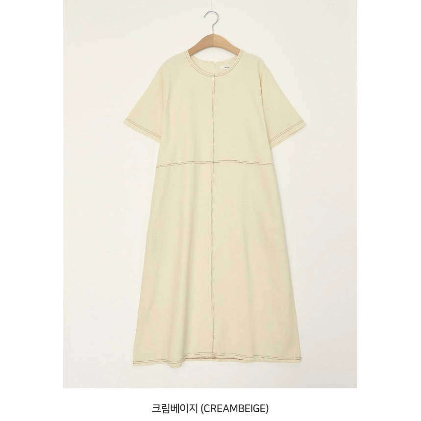 MUMMY.cc:圓領簡約牛仔短袖連身裙:Cream Beige(現貨)
