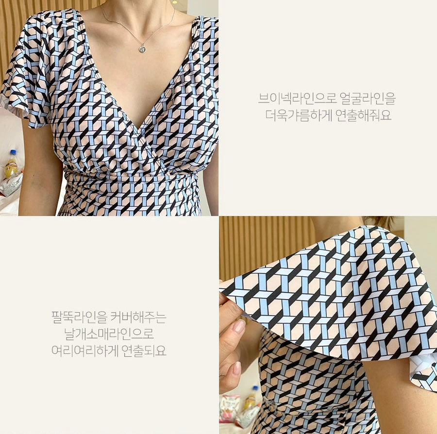 孕婦交叉V領圖案涼爽彈性連體泳衣