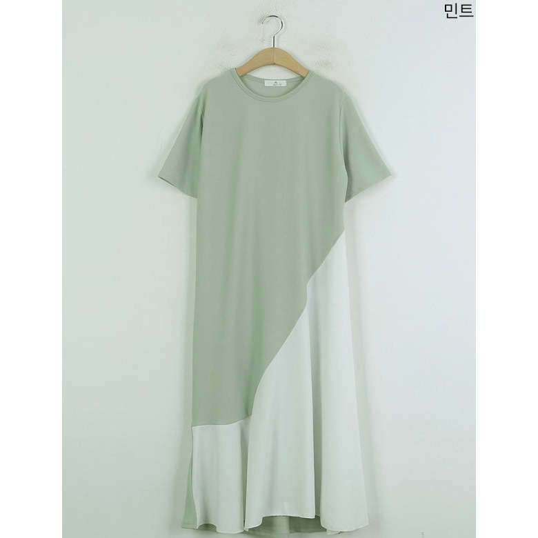 MUMMY.cc:優雅無皺撞色拼接連身裙:Mint(現貨)