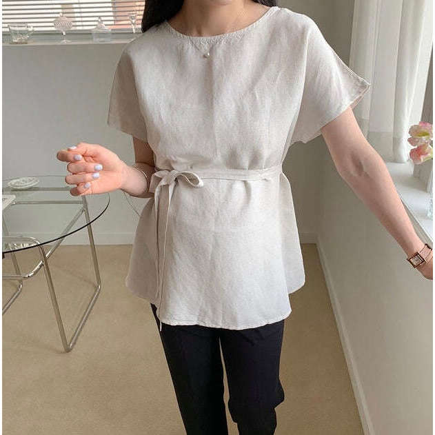 絲麻圓領A line綁帶上衣