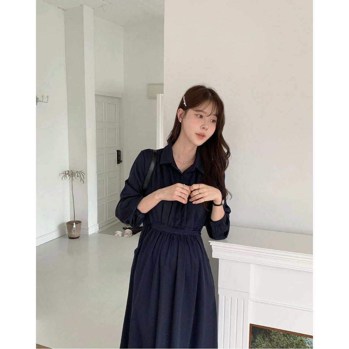MUMMY.cc:孕婦企領恤衫修腰長袖連身裙(可哺乳)