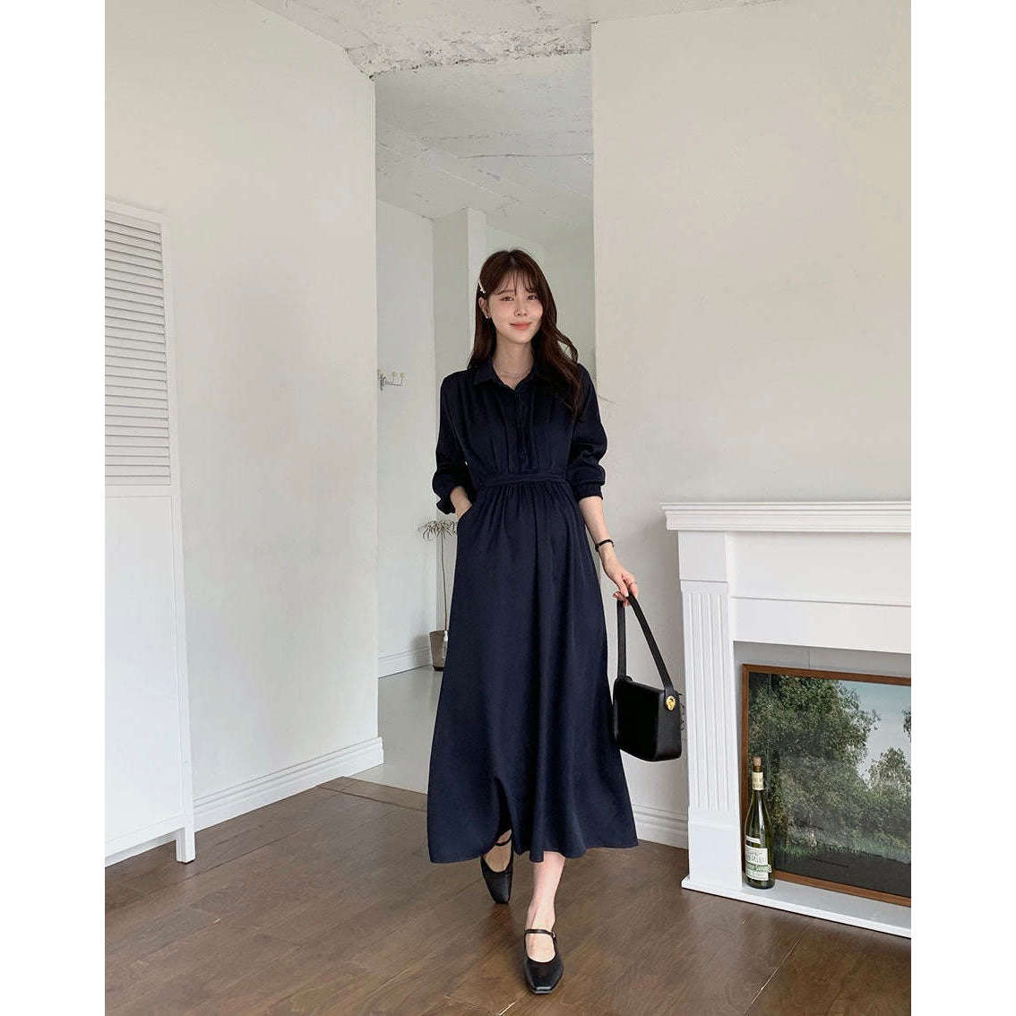 MUMMY.cc:孕婦企領恤衫修腰長袖連身裙(可哺乳)