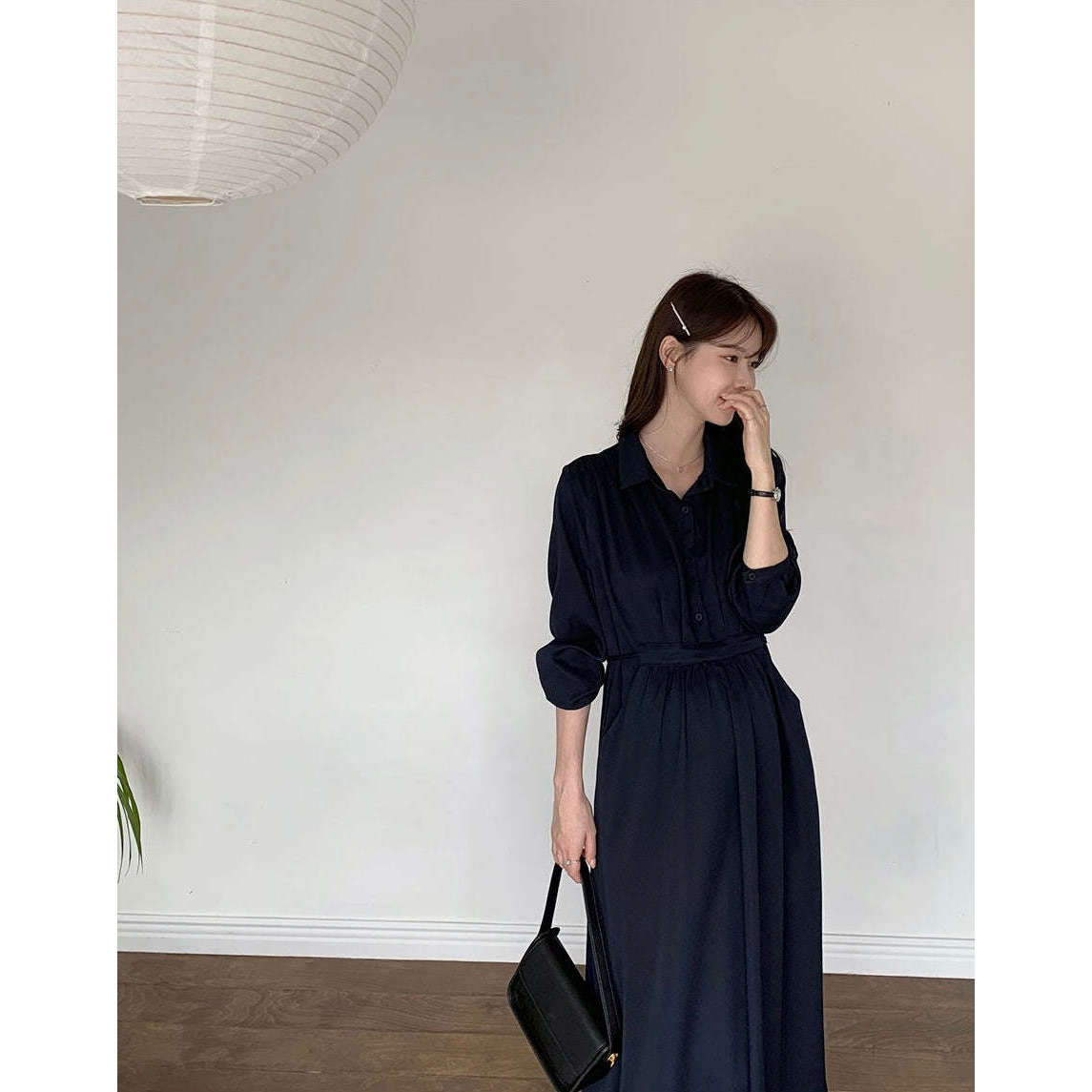 MUMMY.cc:孕婦企領恤衫修腰長袖連身裙(可哺乳)