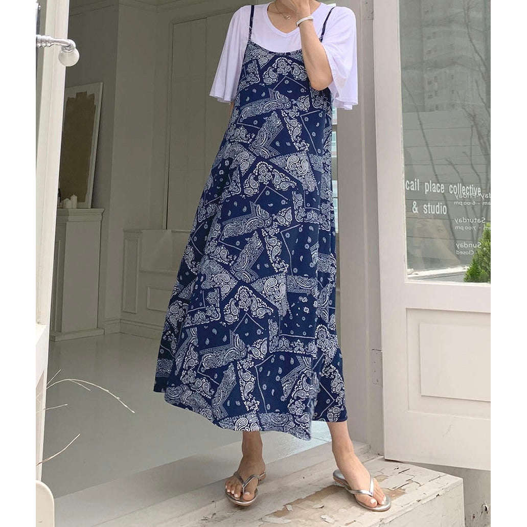 MUMMY.cc:孕婦民族風涼爽吊帶連身裙:Navy