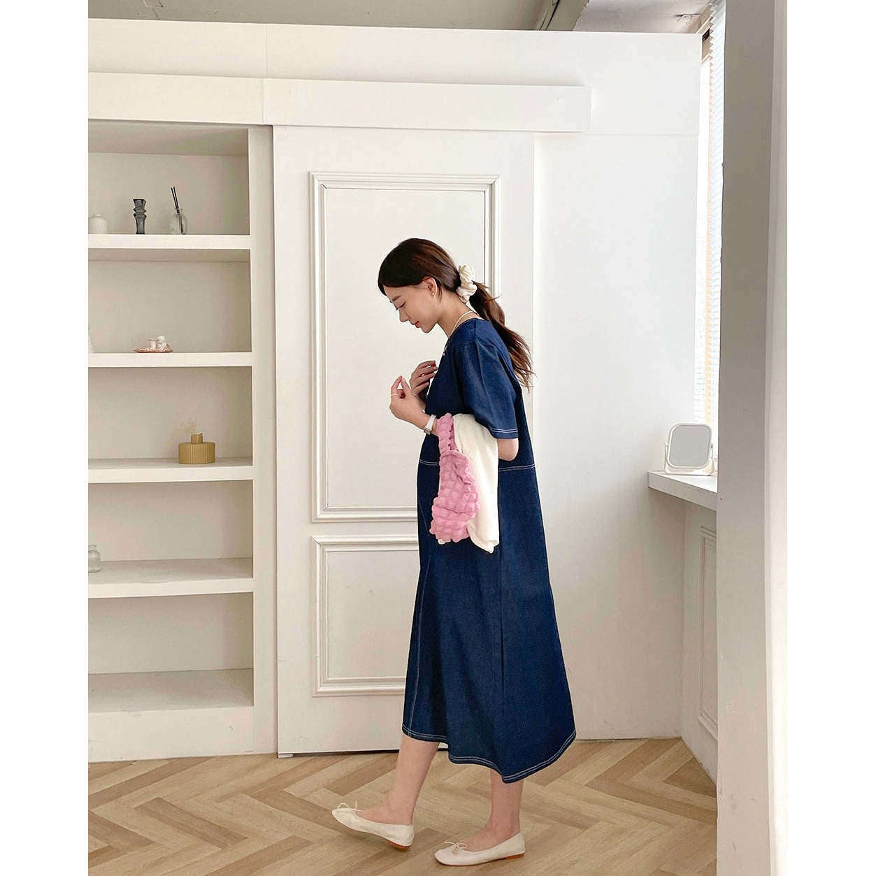 MUMMY.cc:圓領簡約牛仔短袖連身裙
