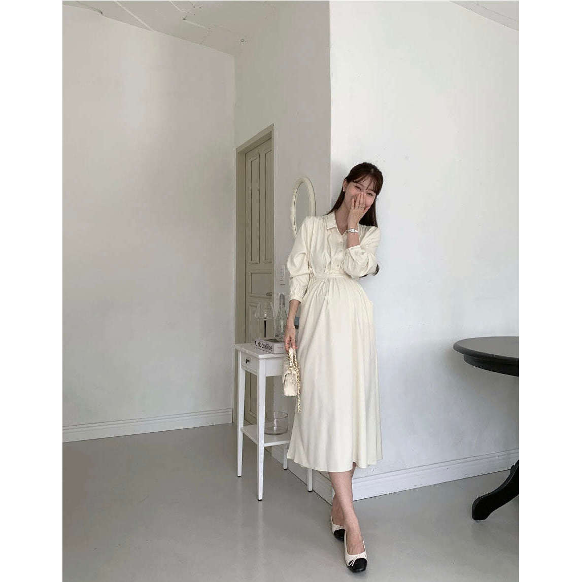 MUMMY.cc:孕婦企領恤衫修腰長袖連身裙(可哺乳)