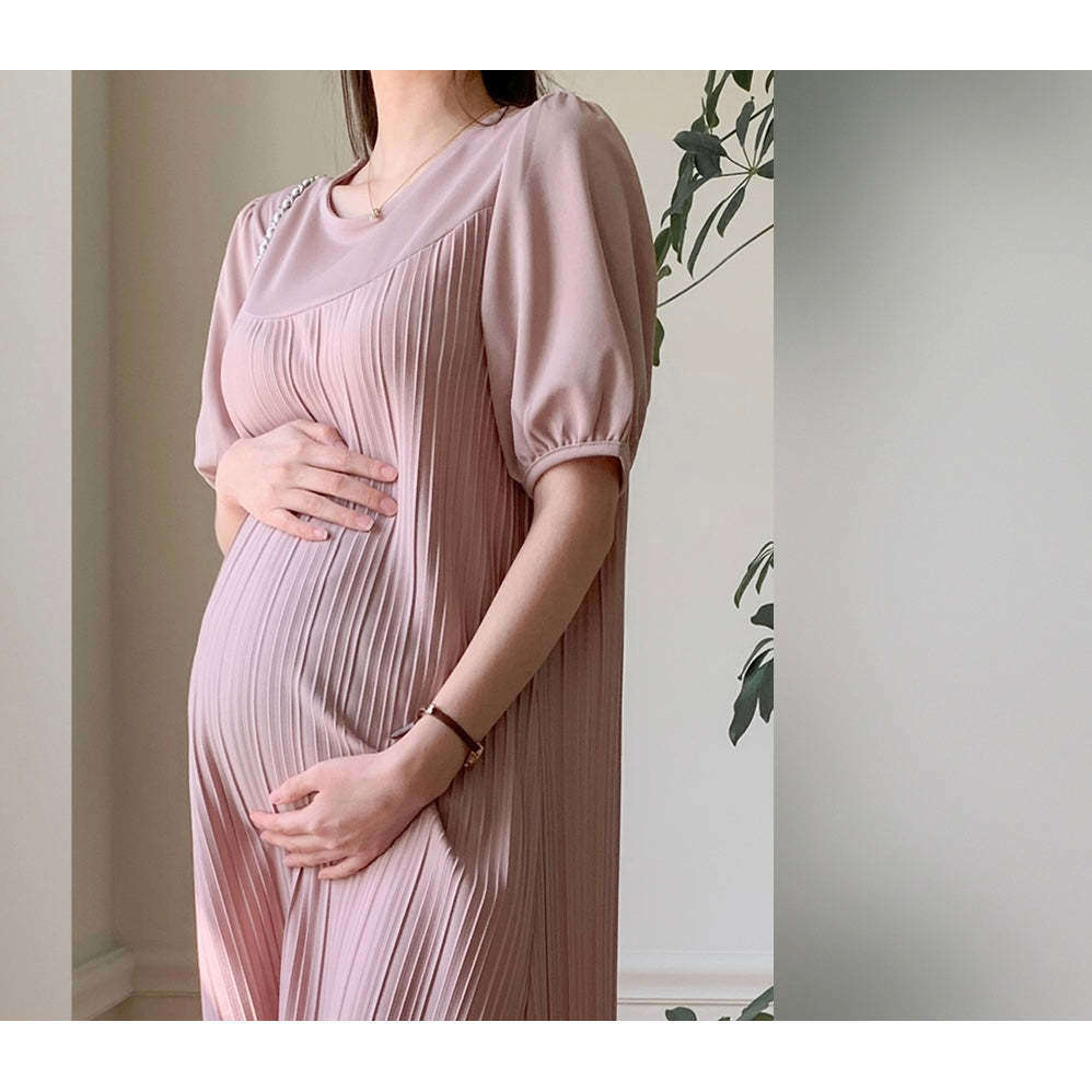 MUMMY.cc:優雅舒適圓領褶皺連身裙