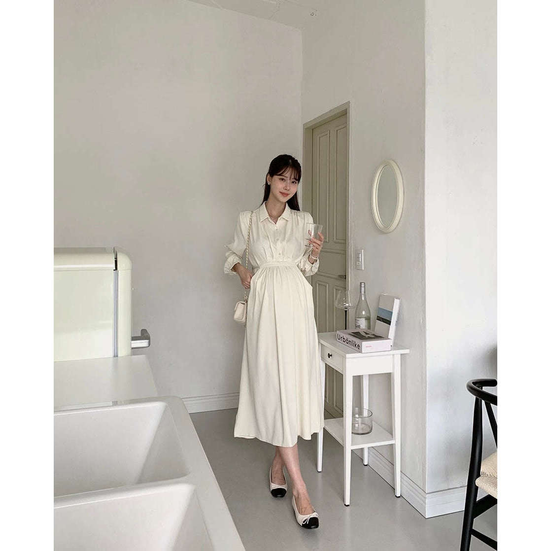 MUMMY.cc:孕婦企領恤衫修腰長袖連身裙(可哺乳)